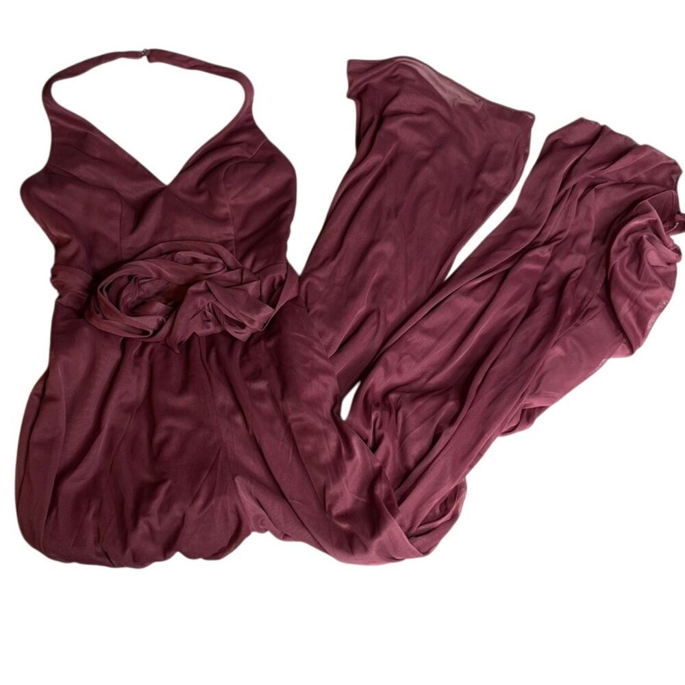 Azazie Cabernet Burgundy Halter V-Neck Rosette Wide Leg Formal Jumpsuit A0